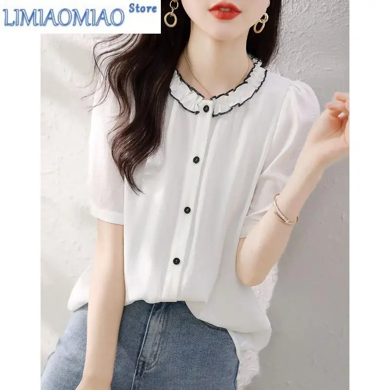 

Летняя модная однобортная блузка с цветными блоками, женская классическая универсальная офисная повседневная женская рубашка с коротким рукавом и круглым вырезом