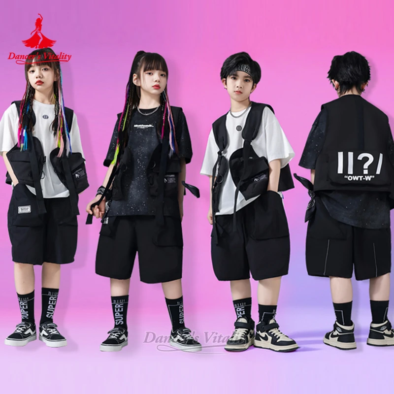 Vitality del ballerino Bambini Hip-Hop Breaking Dance Training e esibizione e concorso T-shirt bianca + pantaloni + gilet Set da 3 pezzi