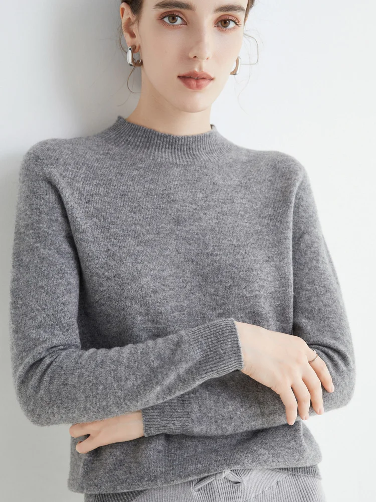 ADDONEE Spring Autumn Basic Wool Sweater For Women Mock Neck Long Sleeve Solid Pullover 100% Merino Wool Knitwear Female Clothes