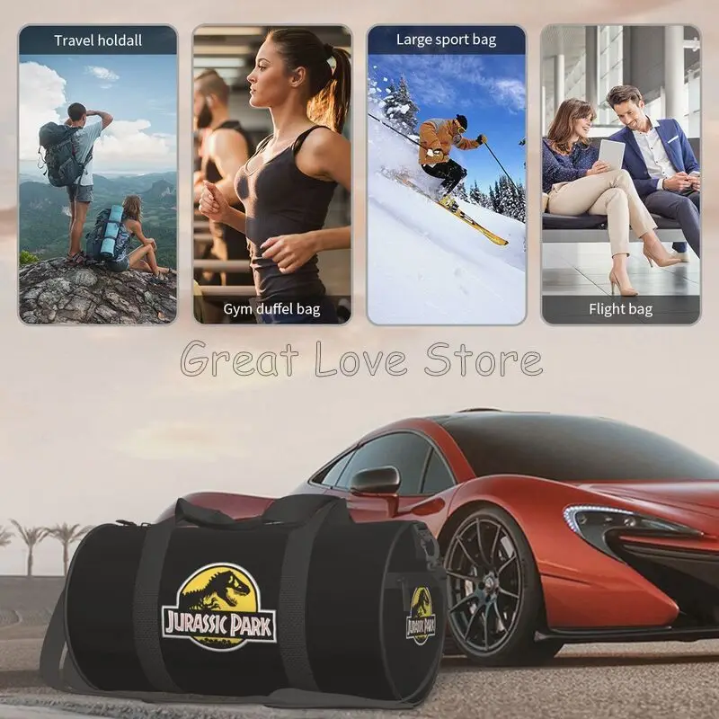 حقيبة سفر مطبوعة بشعار Jurassic Park حقيبة حمل لعطلة نهاية الأسبوع مع سحاب لممارسة حقيبة سفر من القماش لليوجا والرياضة في صالة الألعاب الرياضية