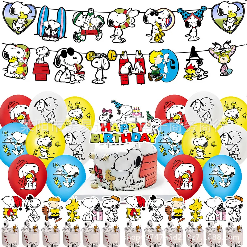 Decoración de fiesta de cumpleaños de dibujos animados de Snoopy, bandera de estilo lindo, globo, inserto de pastel, suministros esenciales para fanáticos de derivados de animación