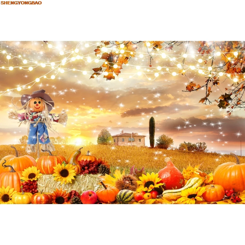 Фон с пшеничным полем, осенняя ферма, золотое поле, небо, белые облака, тыквы, урожай, природа, фон для фотосъемки, декор для фотостудии