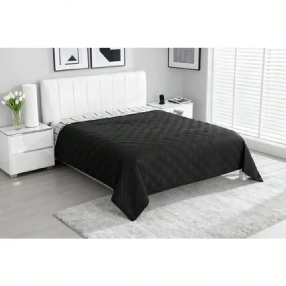 

Queen Quilt Soft Microfiber Black Plaid Lightweight Reversible Bedding