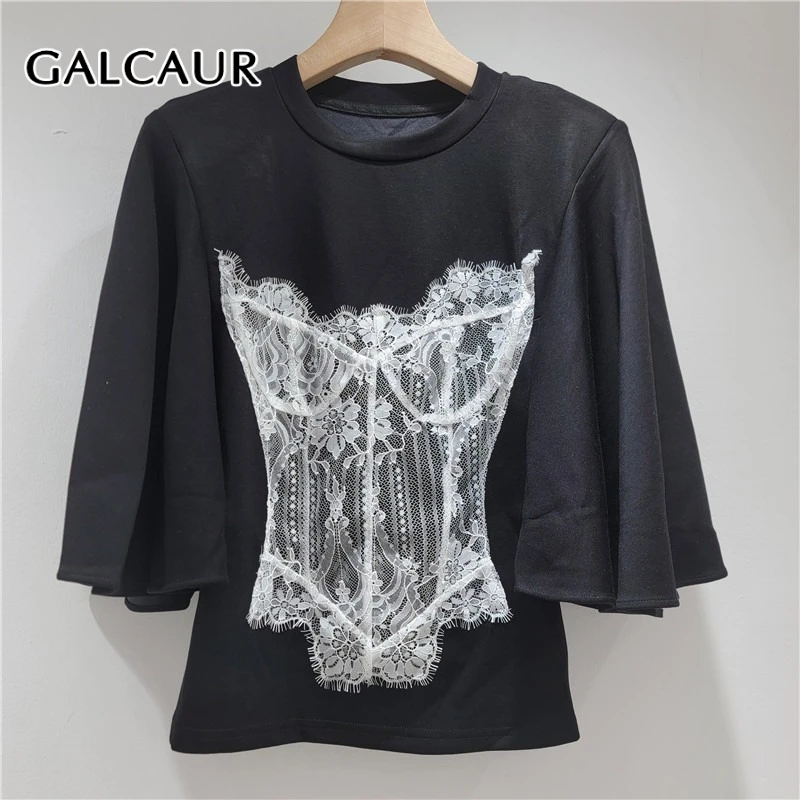 

GALCAUR Hit Color Fashion Apliced Lace Elegant T Shirts for Women Round Neck Short Sleeves Temperament Top Female Clothing Style