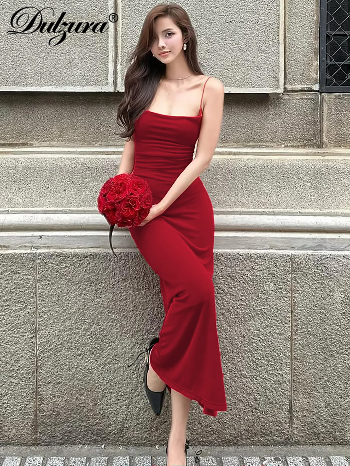 Dulzura Ärmelloses, rückenfreies, schmal geschnittenes, gerüschtes Cami-Maxikleid für Damen, solides, sexy, elegantes langes Kleid, Party, Club, Abschlussball, Sommerkleidung