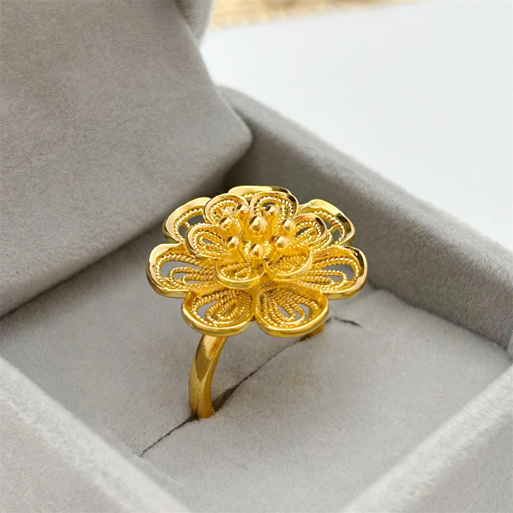 24k Gold Color Exquisite Big Flower Finger Rings for Women Size Adjustable Wedding Band Jewelry Accessories Gifts