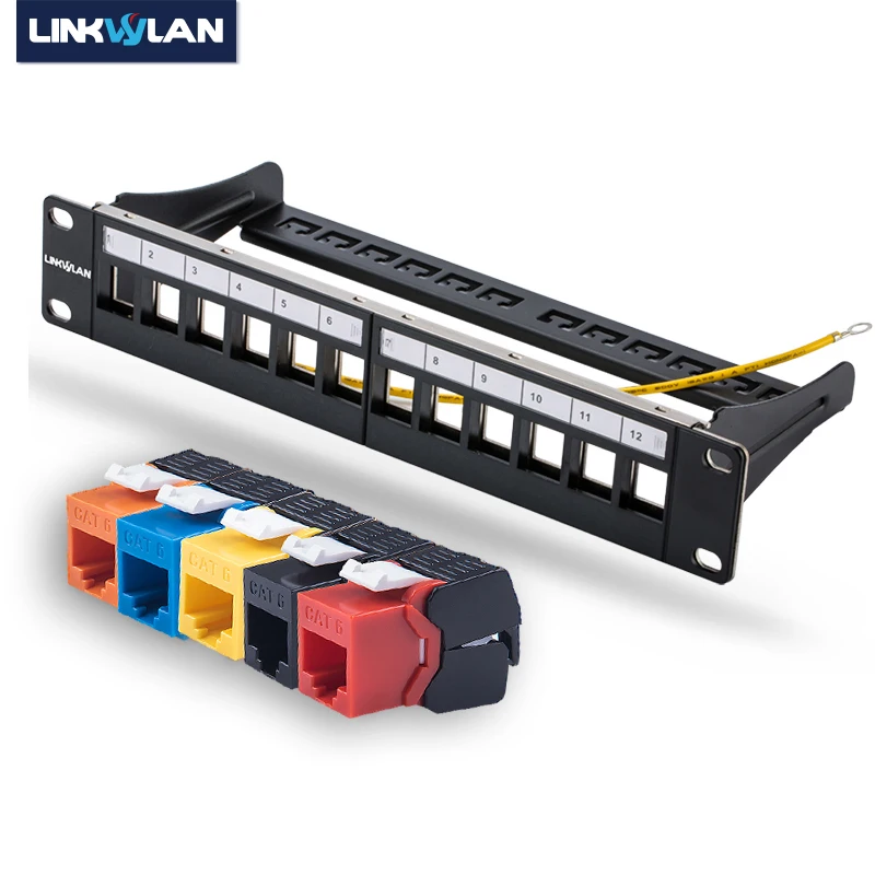 10 Inch 12port CAT6 Gigabit Modular Patch Panel Incl. 12pcs RJ45 Tool-less Keystone Jacks (Mixed Color Jacks: Red+Orange+White)