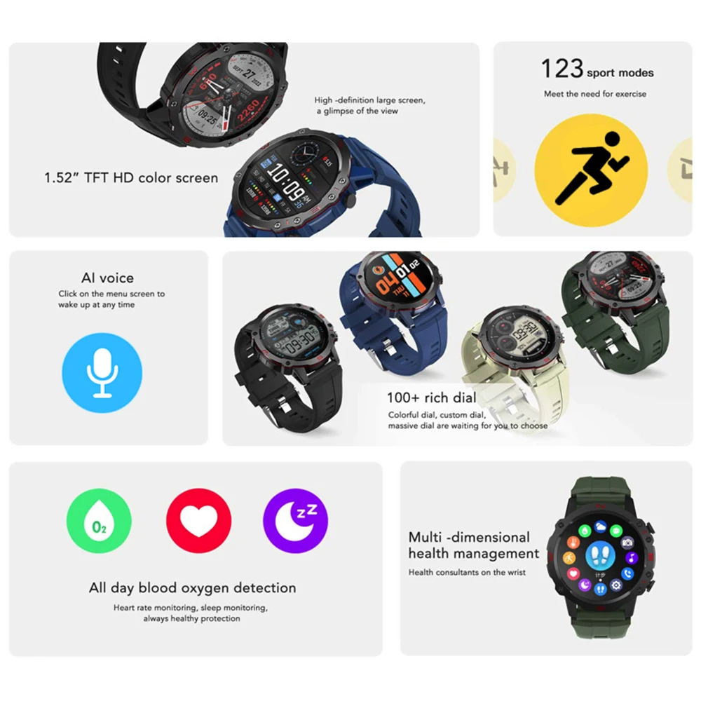 男性と女性のためのコネクテッドウォッチ,防水,1.52インチ,Bluetooth通話,123以上のスポーツモード,音声アシスタント,健康,100以上の睡眠ダイヤル