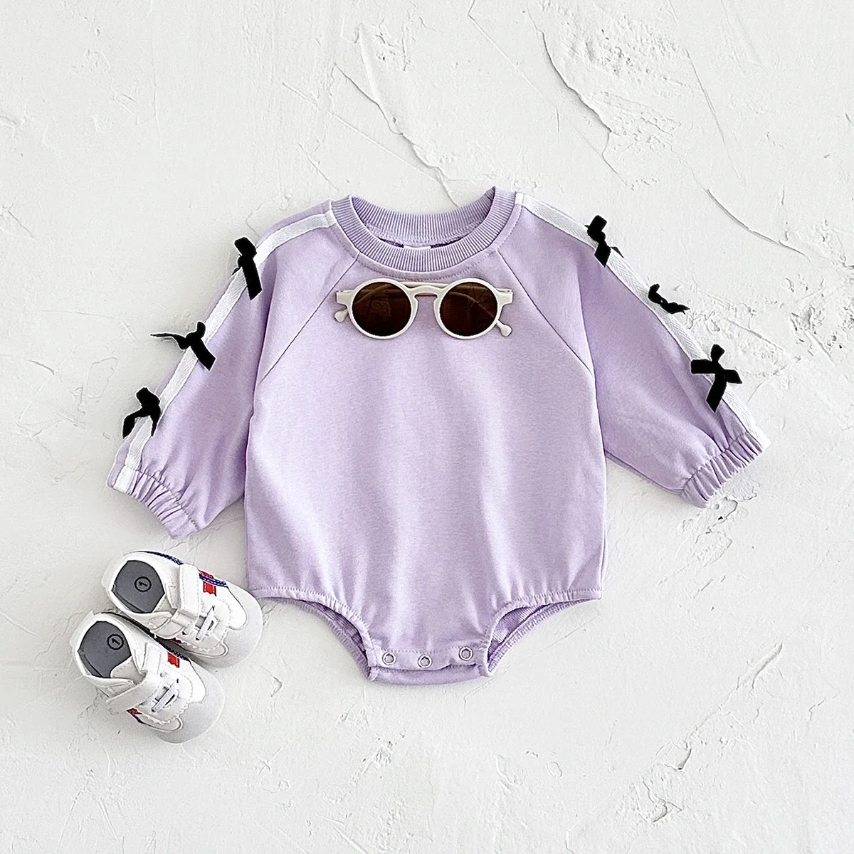 Baby Girls Long Sleeve Romper Side Stripe Bow Decor Newborn Bodysuit Infant Spring Autumn Onesie