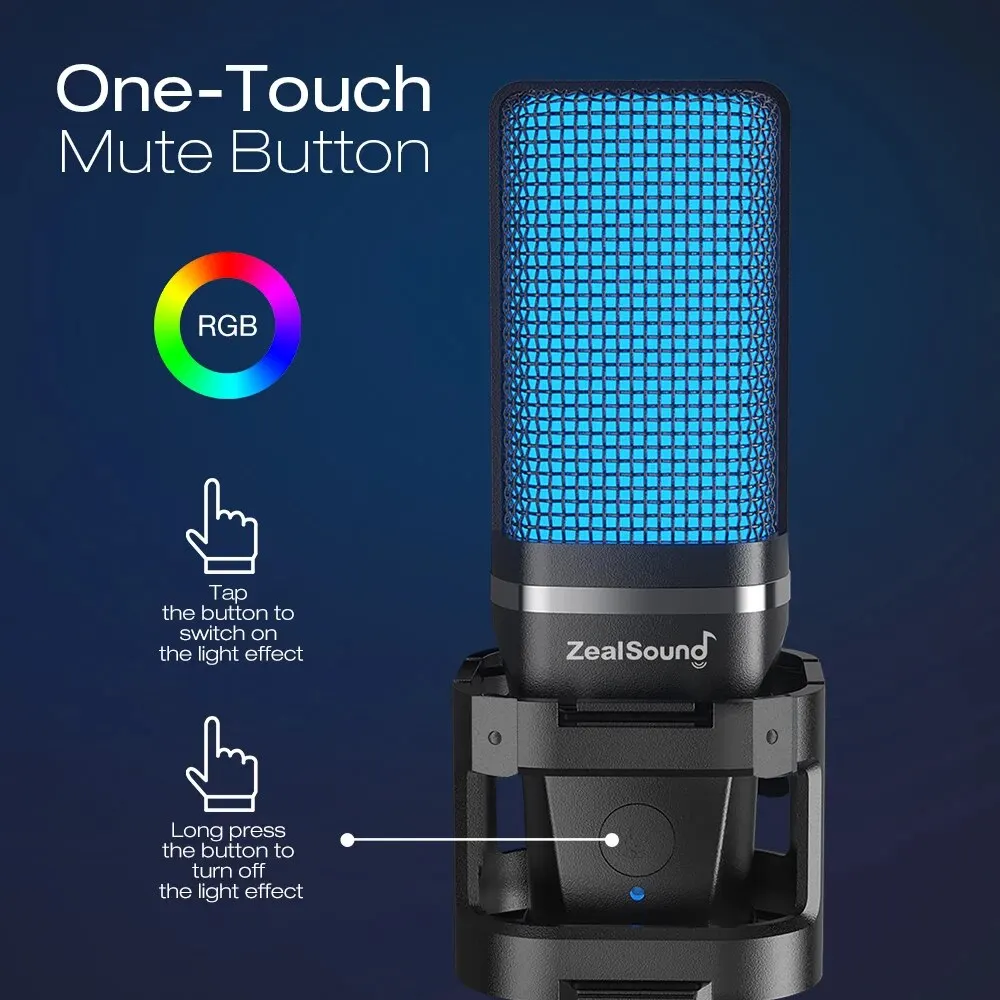 Zealsound-Microphone de jeu à condensateur USB RVB, micro professionnel pour ordinateur, PC, PS4, PS5, Mac, téléphone, streaming statique, podcasting