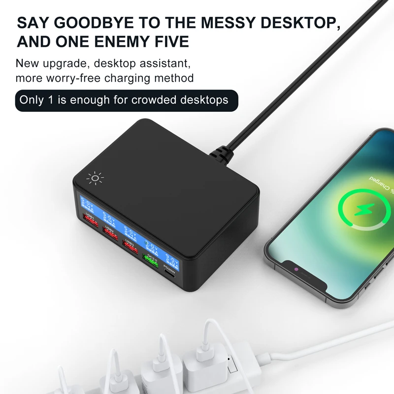 AIXXCO USB Quick Charger 50W 5-Port LED Display Quick Charge 3.0 Fast Charger Desktop Charging Station iPhone X 8 7 6, iPad