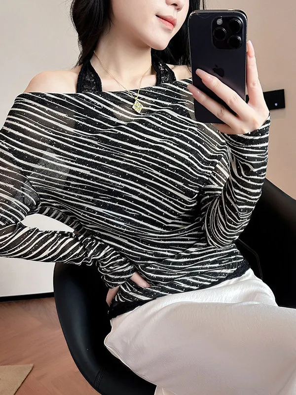 Slimming Effect Long Sleeve T-Shirt Lace Patchwork Diamond Heating Autumn New Style Women's Casual Fashion Top Thinming Base ...