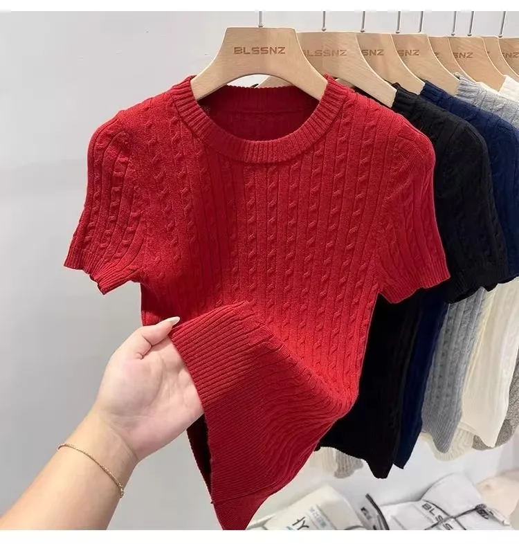 Zjaiss 2026 Summer Korean Retro Elegant Texture Short Sleeve O-Neck Twist Knit Top Women Soft Casual Versatile Thin T-shirt