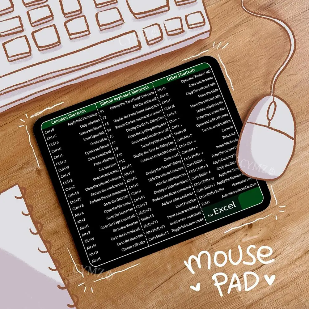 Alas Mouse HD Print Excel dengan Tombol Pintasan 29X25CM, Alas Meja dengan Tepi Jahitan Anti Selip, Aksesoris Meja, Alas Meja Kantor