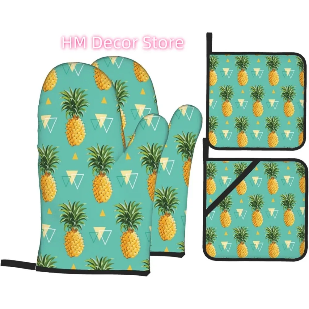 Hawaiian Pineapple Oven Mitts and Pot Holders Sets of 4, Cooking Gloves Non-Slip Heat Resistant Polyester Summer Country Style O