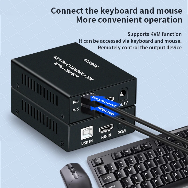 4K HDMI KVM Extender Over Cat5e/6 Cable 120M with Loop HDMI USB Ethernet Extender Video Transmitter and Receiver for PC NVR TV