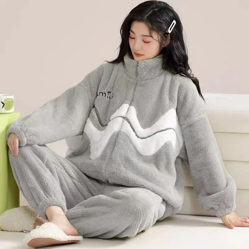 Autumn Winter Pajama Set Coral Fleece Thick Loungewear Female Zipper Solid Cardigan Warm Sleepwear 2 Piece Sets Pajamas