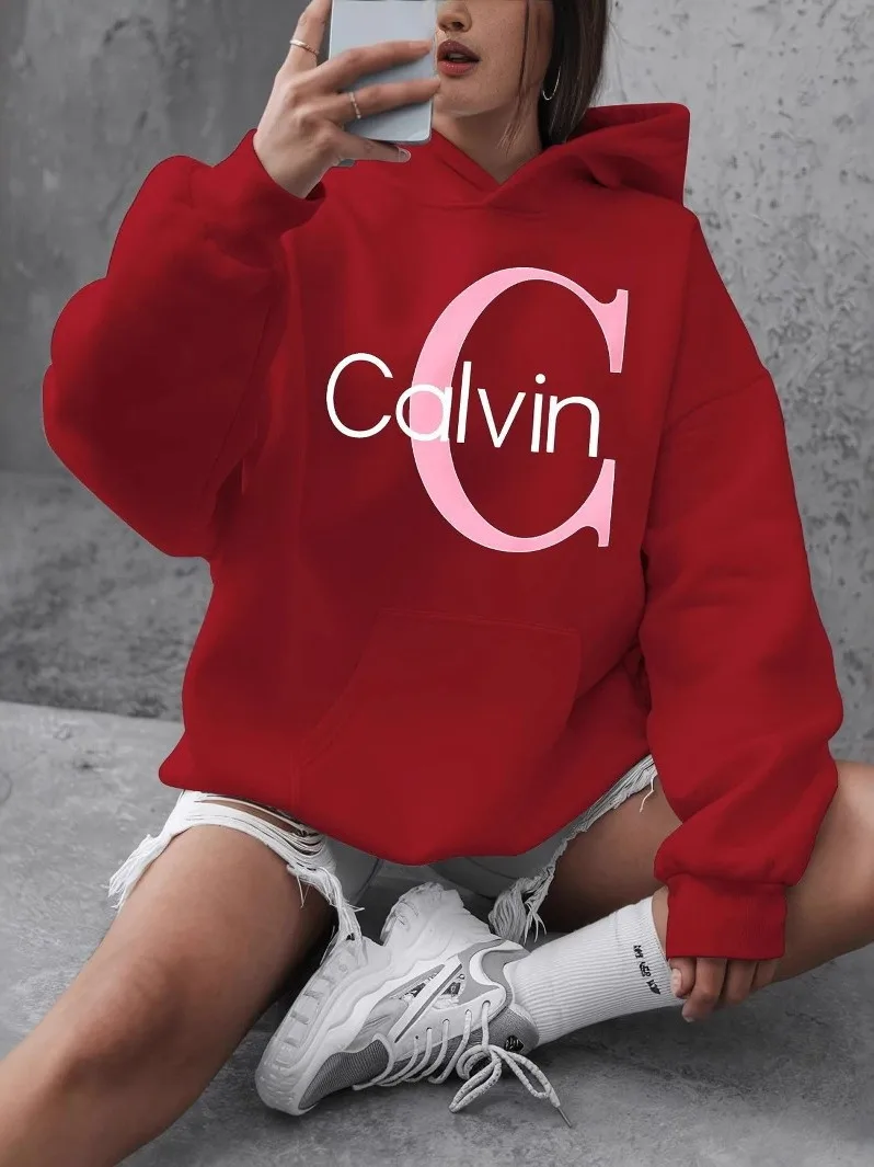 Calvin Graphic y2k Sudaderas con capucha Otoño/primavera Casual Manga larga Sudadera con capucha para mujer
