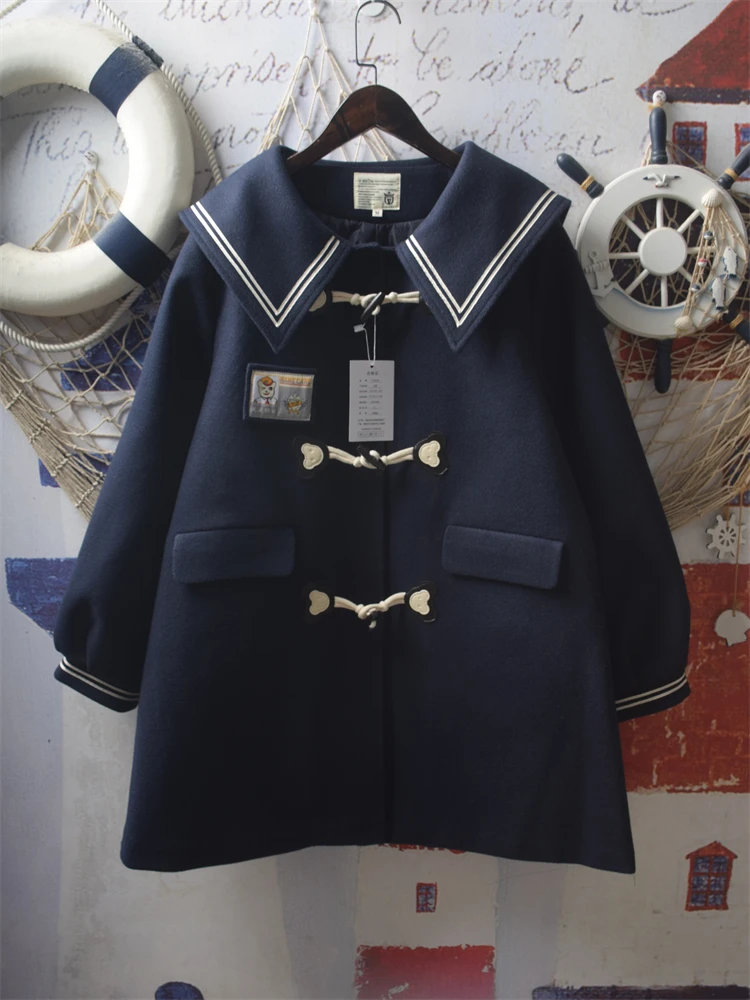 

Sweet Hot Girl Preppy Style Sailor Collar Woolen Coat Women's Autumn/Winter Mid-length Padded Woolen Coat Fashion Female Clothes