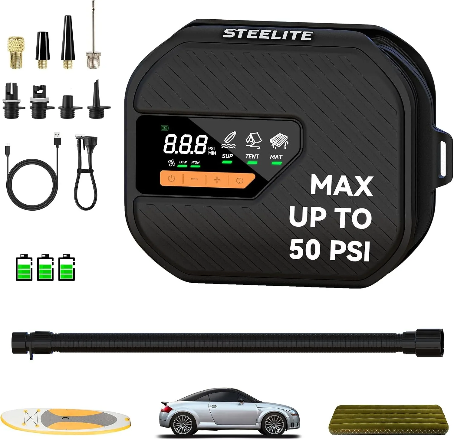 Deli Paddle Board Pump 50PSI High Pressure Dual Stage Auto Off Inflation Deflation for SUP Kayak Boat Tent Mattress