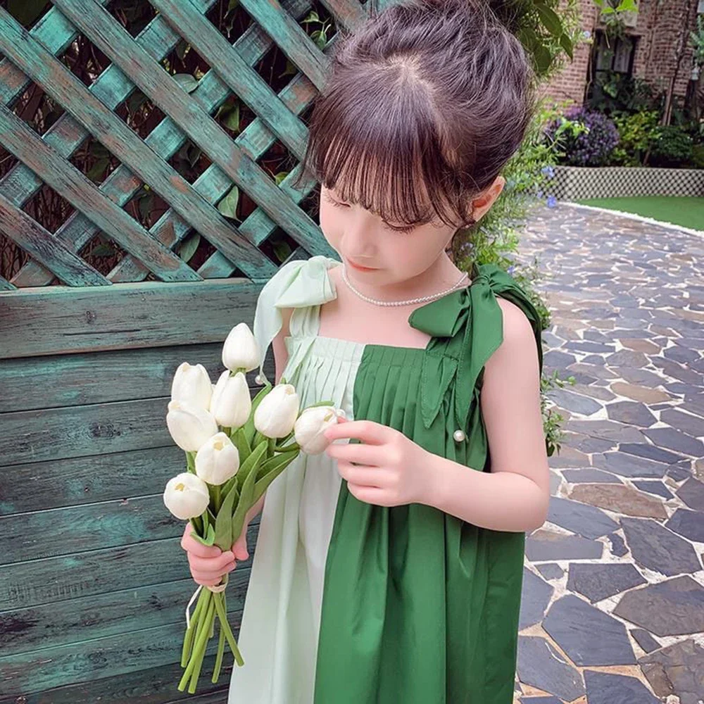 Summer Bow Spliced Suspender Dresses Pleated Square Collar A-line Dress Girls Green Clothing Sweet and Cute Children's Clothing