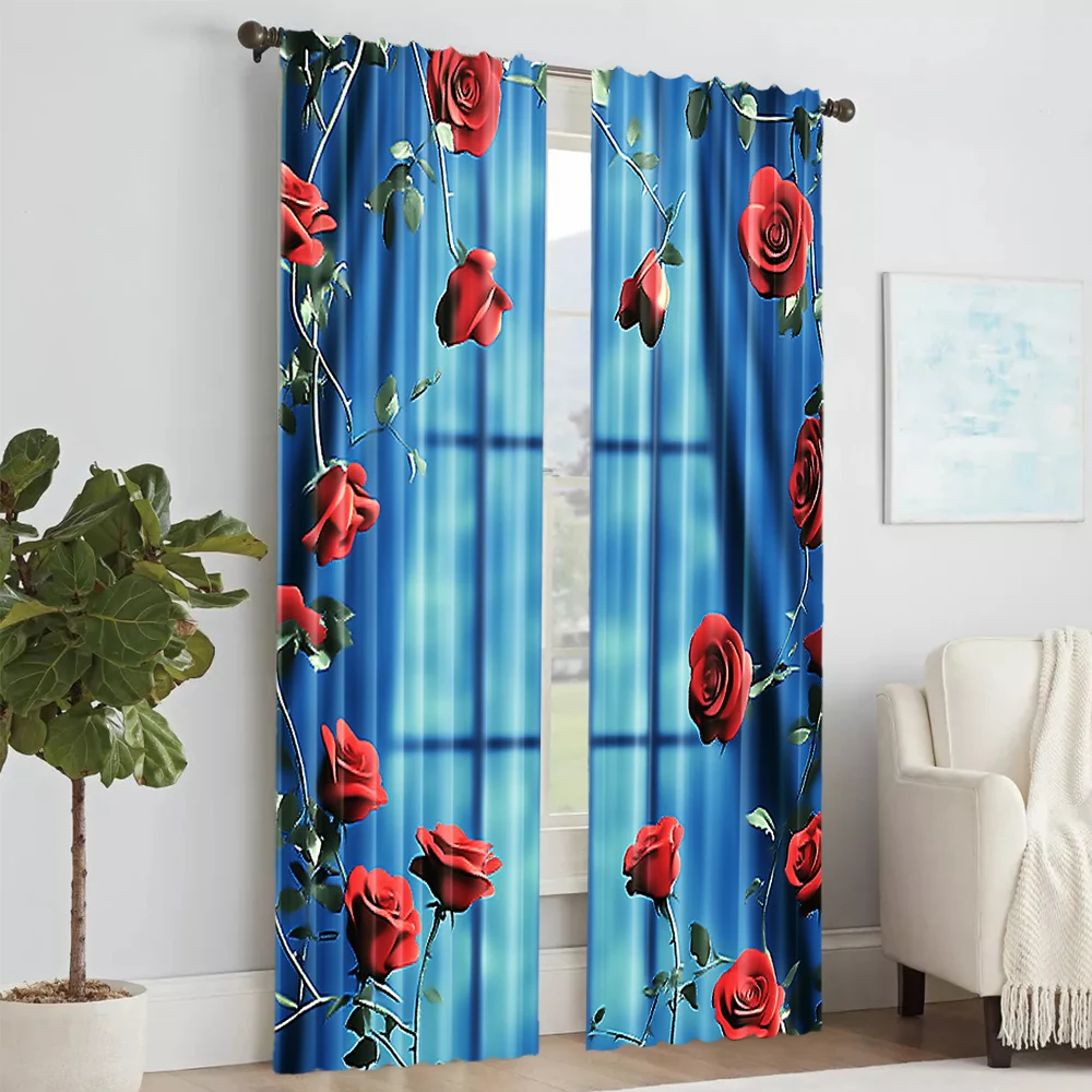 2Pcs Red Rose Window Sill Print Curtains Suitable For Bedroom Living Room Kitchen Uv-Resistant Polyester Unique Design