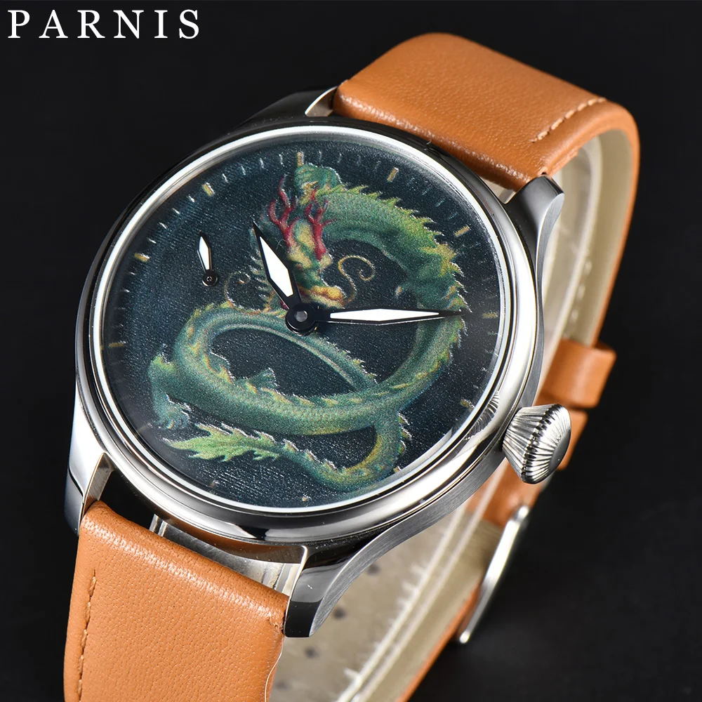 

Parnis 44mm Hand Winding Mens Classic Cyan Dragon Drawing Dial Wrist Watch