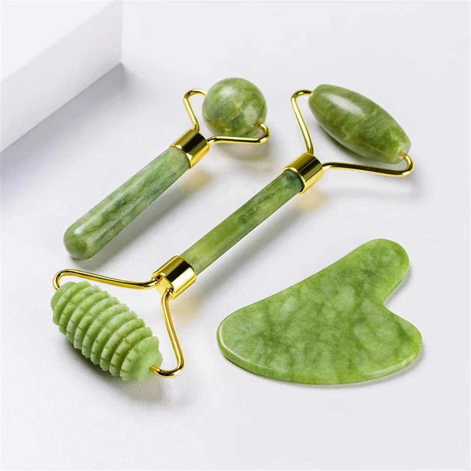 Facial Jade Massage Roller Set Guasha Board Double Heads Jade Roller for Face Natural Stone Massage Slimming Board Beauty Neck