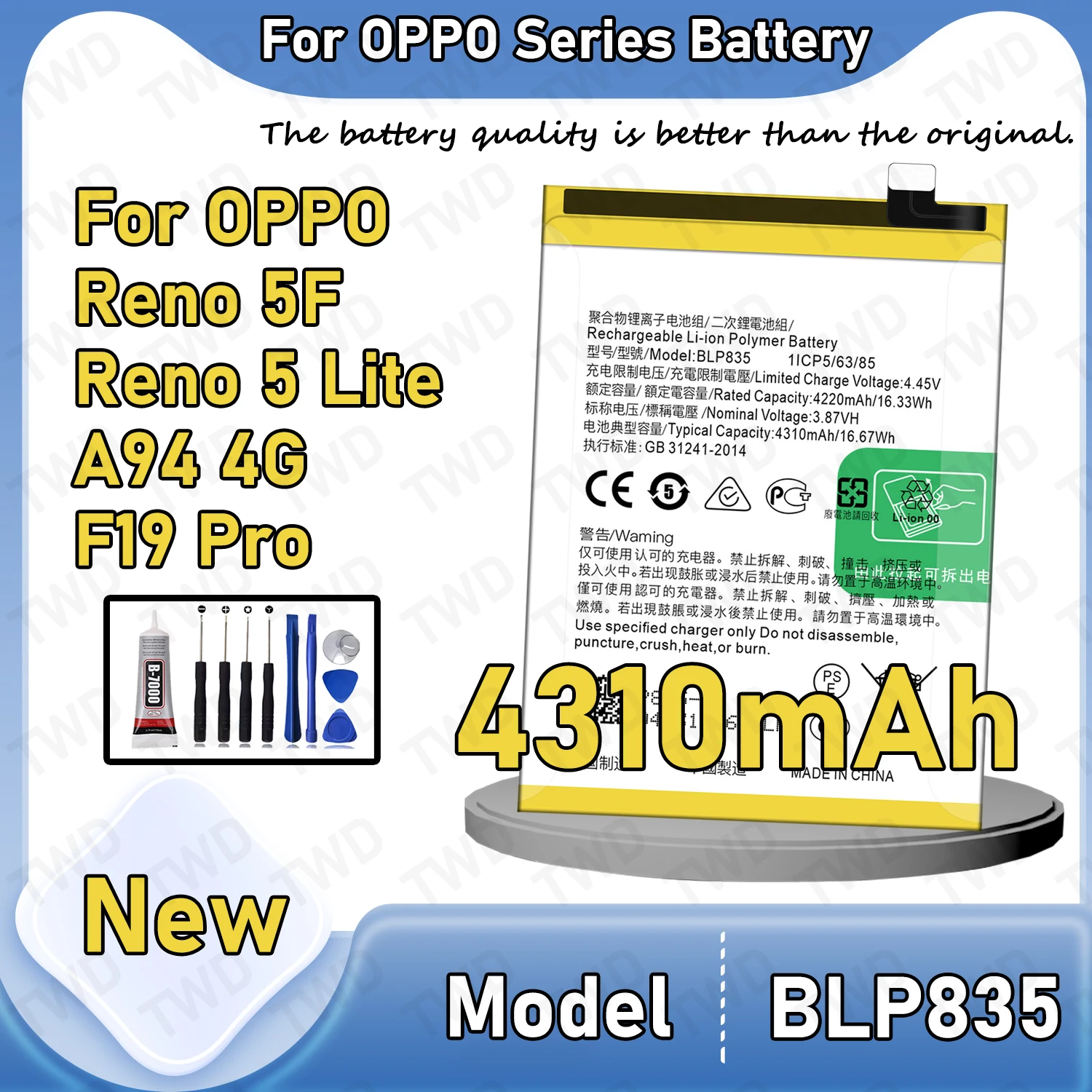 

BLP835 Large capacity Battery For OPPO Reno 5F/Reno 5 Lite/A94 4G/F19 Pro Batteries New High Quanlity+Free Tools
