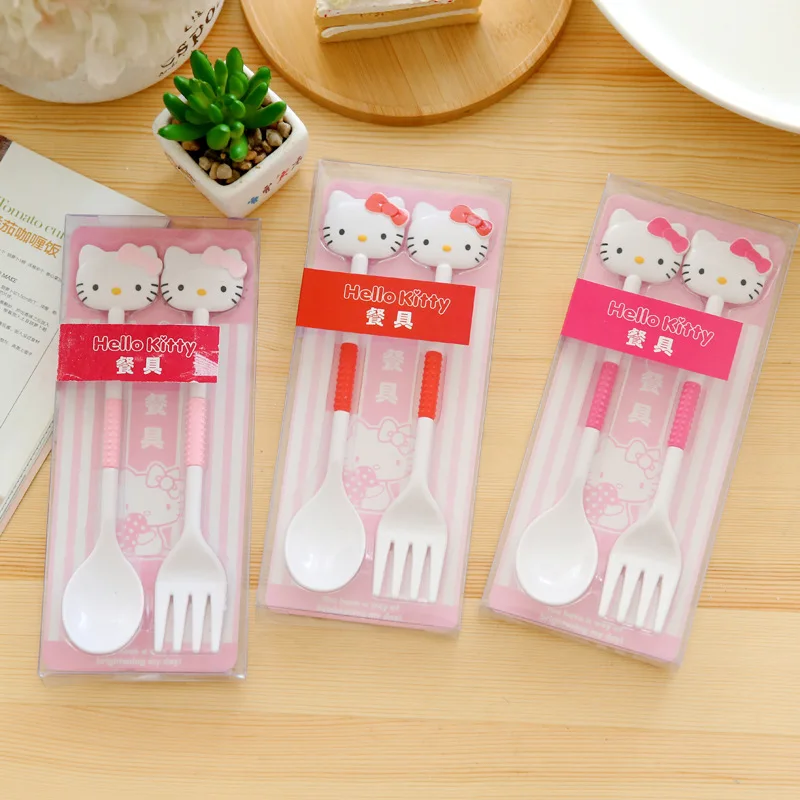 

Cartoon Fork Spoon 2 Piece Set Kt Cat Kawaii Anime Figures Children Tableware Portable Nonslip Food Grade Dinnerware Kids Gifts