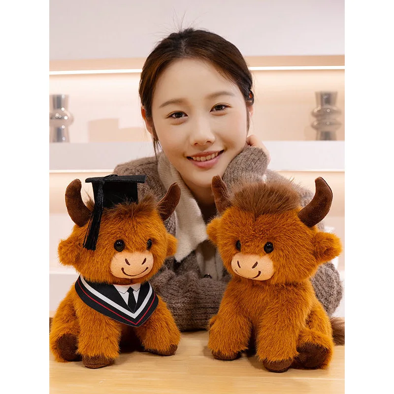 Simulation Highland Cow Plush Toy Wearing PhD Cap Cute Highland Cattle Doll Realistic Stuffed Animal Graduation Gift for Student - view 2