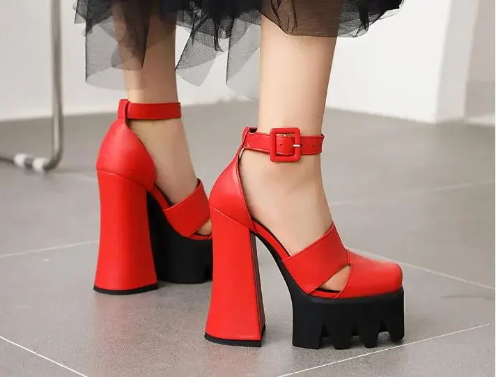 Punk Style Girls Black Red Brown 15 Cm Chunky Heels 55 Mm Platform Square Toe Pumps Woman Platform One Line Buckle Strap Shoes