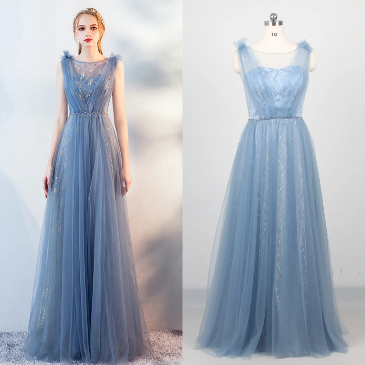 

It's Yiiya Haze blue Evening Dresses O-Neck Sleeveless Luxurious A-Line Zipper Back Floor-Length Lady Formal Party Gown E1092