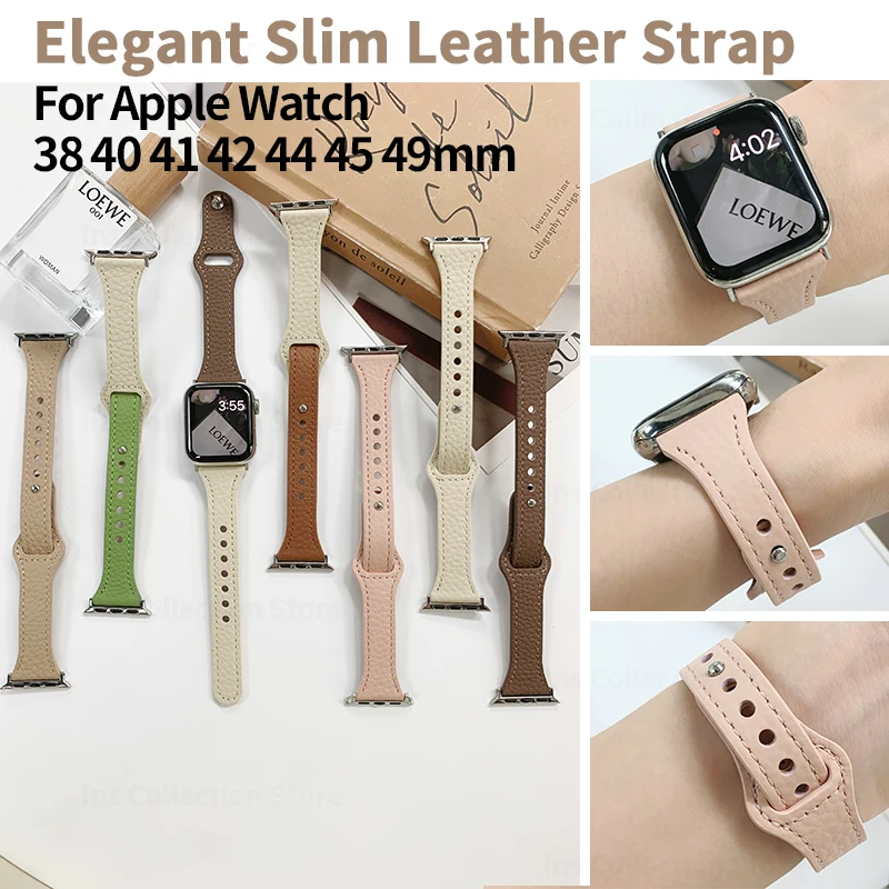 Slim Leather Strap for Apple Watch Series 7 Accessories 45mm 44mm 41 38 Elegant Bracelet for iWatch Series 9 8 SE 6 5 Ultra 49mm