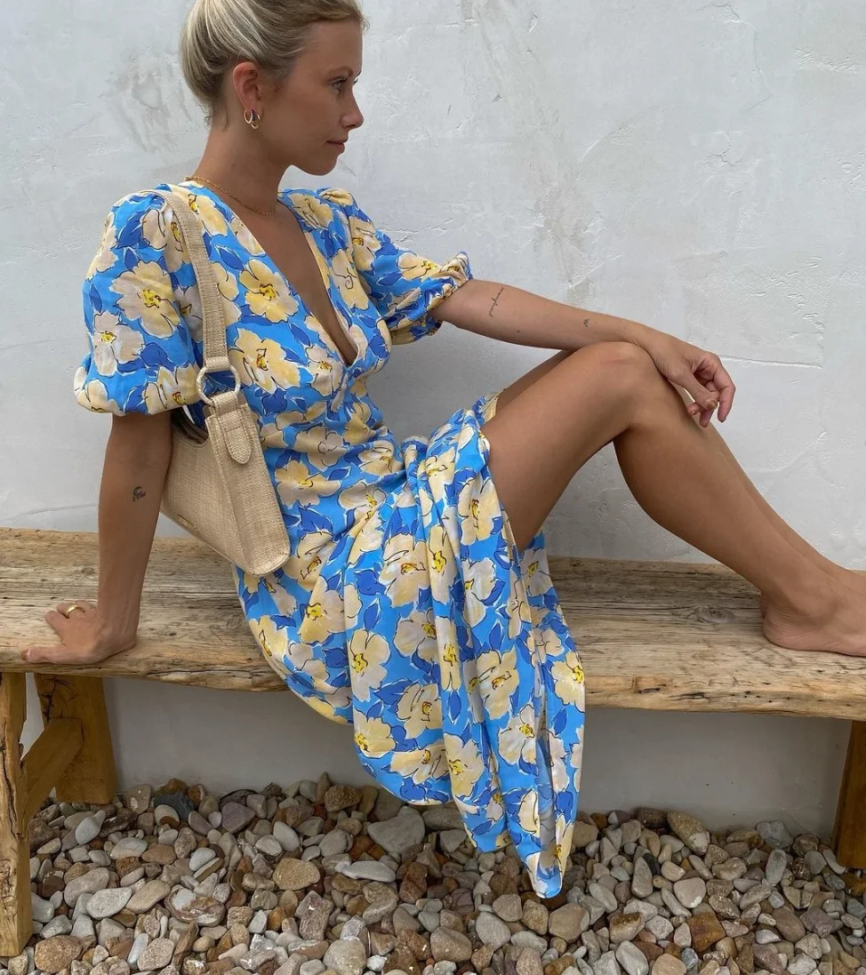 

Women New Yellow Floral Blue Printed V-Neck High Waist Midi Dress