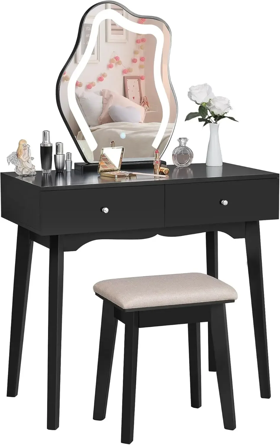 Makeup Vanity Desk Vanity Set with LED Lighted Mirror Makeup Vanity Table Set 3 Colors Modes Dimming Cushioned Stool Large