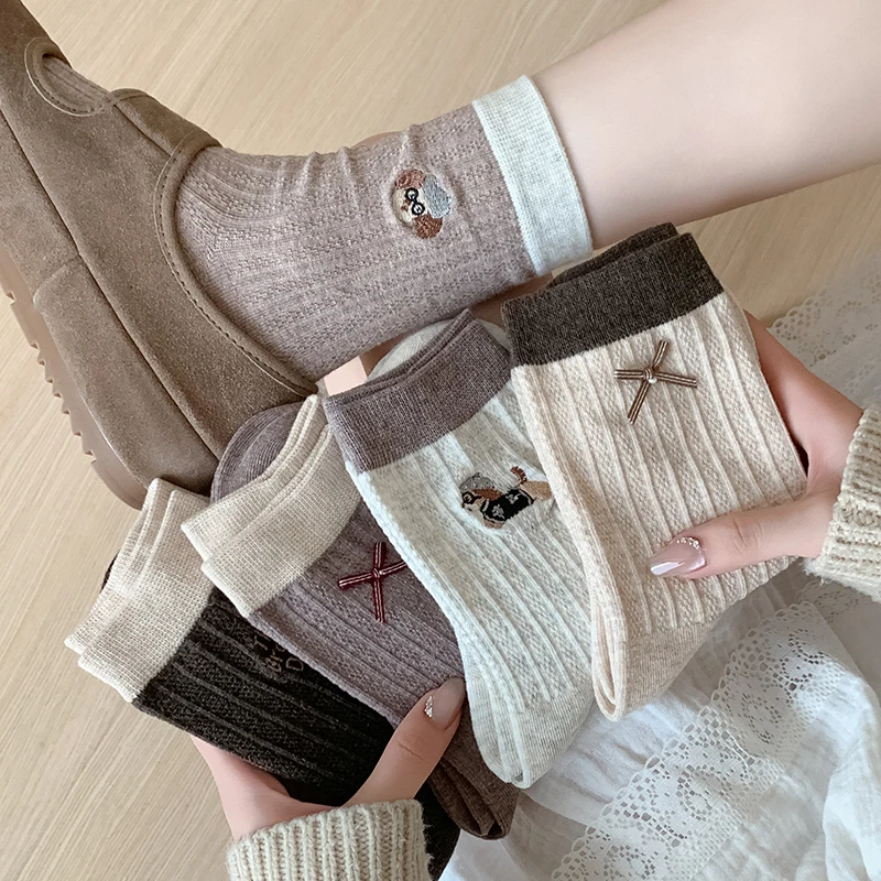 

Cute Socks For Women New Kawaii Embroidery Casual Bow Fashion Crew Socks Breathable Cartoon Retro Style Long Socks Autumn Comfy