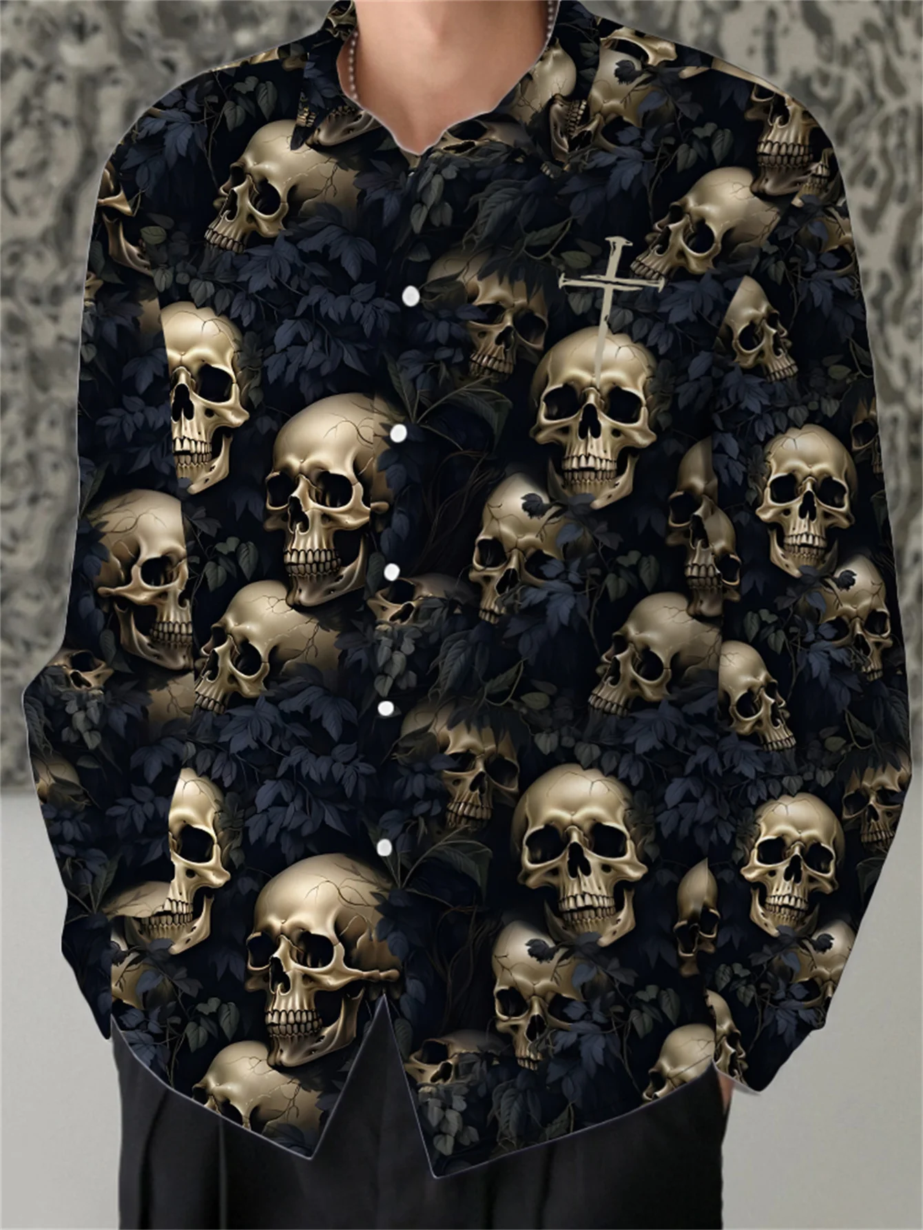 

Men's Gothic Skull Print Shirt, Black Button Up Long Sleeve Pointed Collar Formal Casual Party Wear