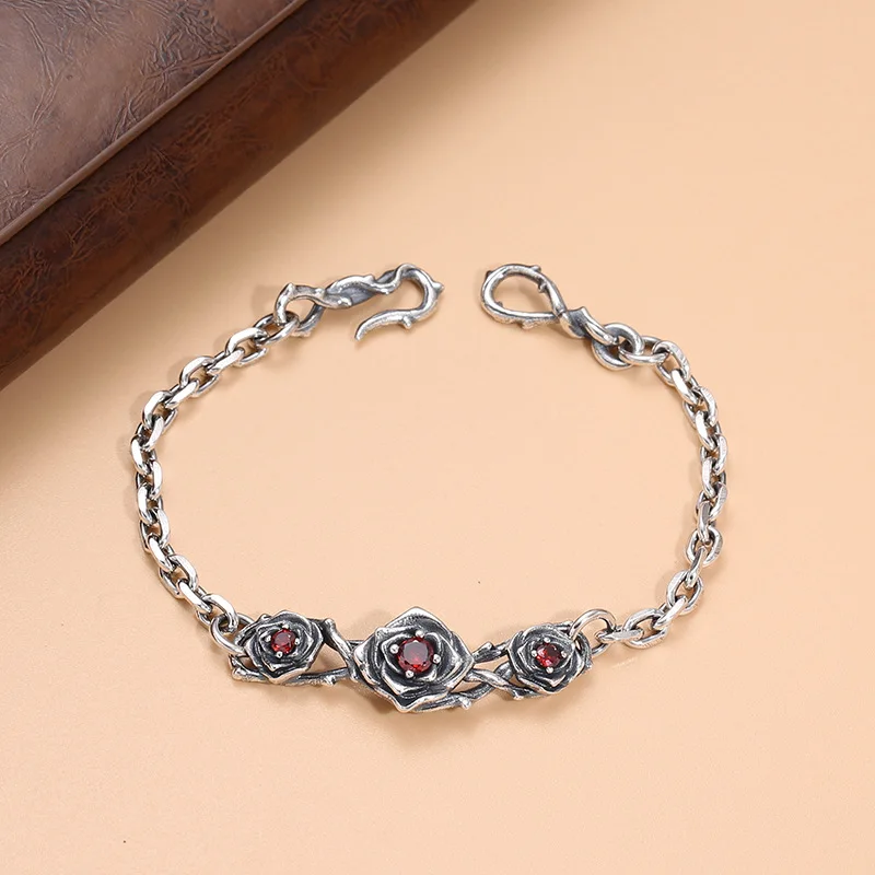 

S925 sterling silver retro distressed rose bracelet women niche style original design fashion trendy hand accessories fashion