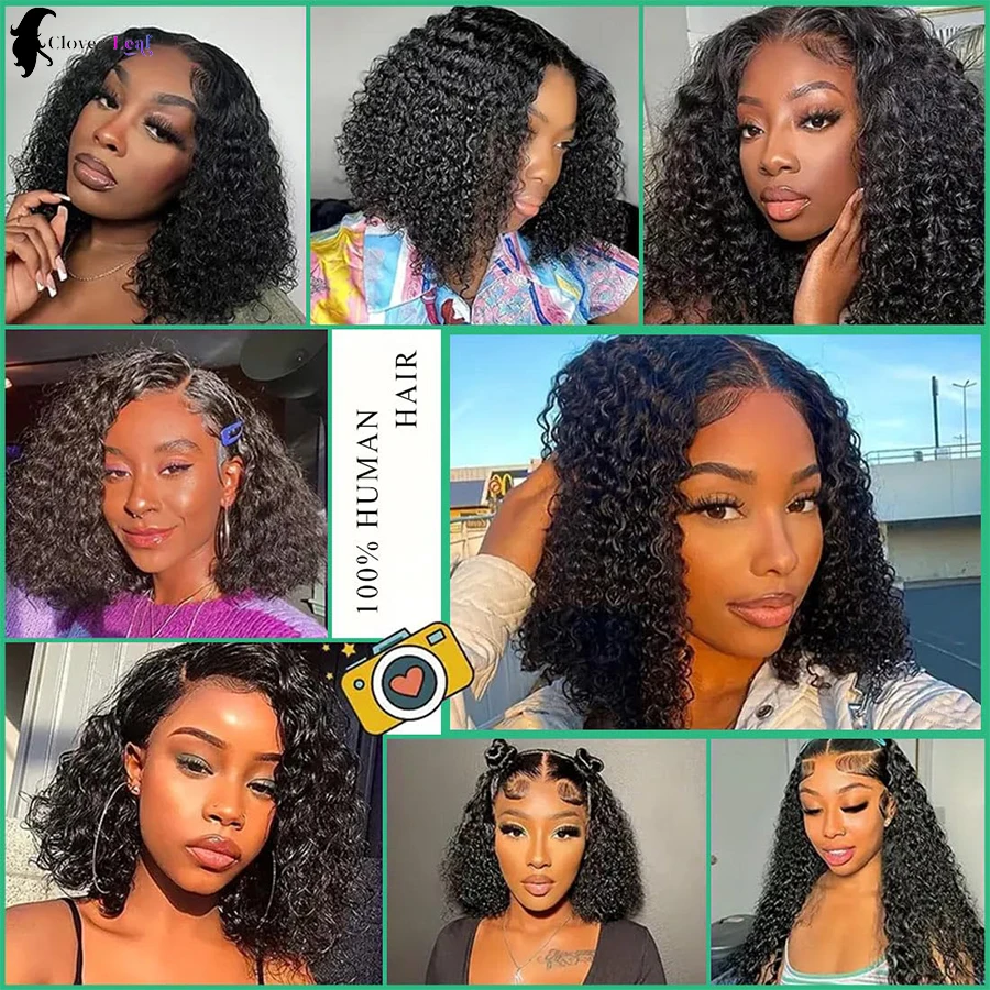 Perruque Bob Lace Wig ondulée 100% naturelle, cheveux bouclés, pre-cut, sans colle, 14 pouces, 4x4, prêt à l'emploi, pour femmes