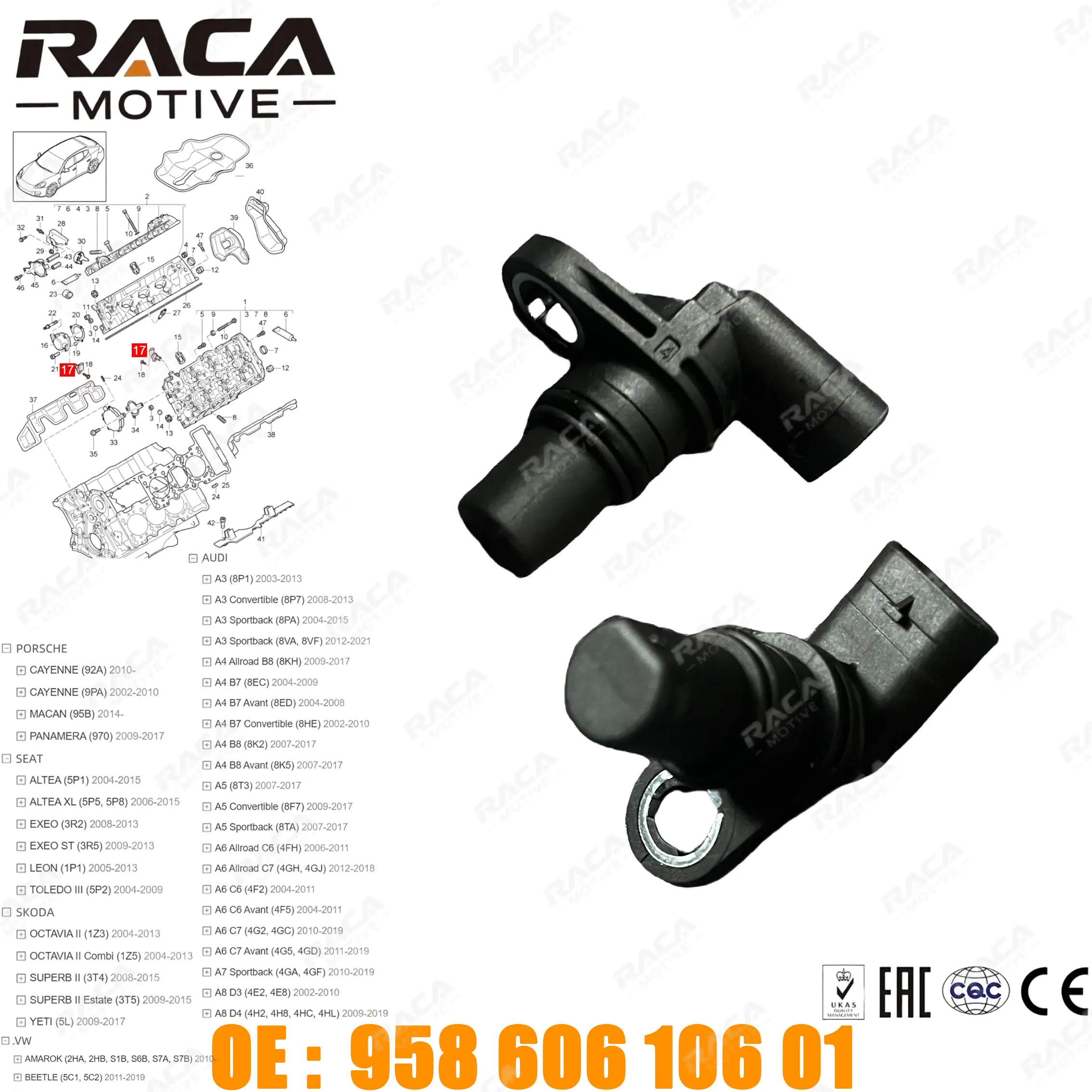 Engine Pulse Sensor (Camshaft Phase Sensor) Suitable for Porsche Cayenne (92A 9Pa) Macan (95B) Panamera (970) Volkswagen Audi Seat Skoda 95860610601