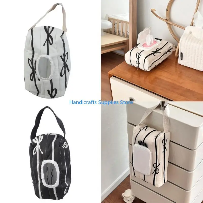 R1WA Travel Friendly Wet Wipe Storage Case Quilted Sturdy Cotton Storage Bag with Fashionable Stripe and Bowknot Detail