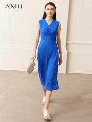 AMII Minimalism 2023 Summer New Office Lady V Neck Waist Long Women's Dress Elegant Vestidos for Women Female Clothing 12342303