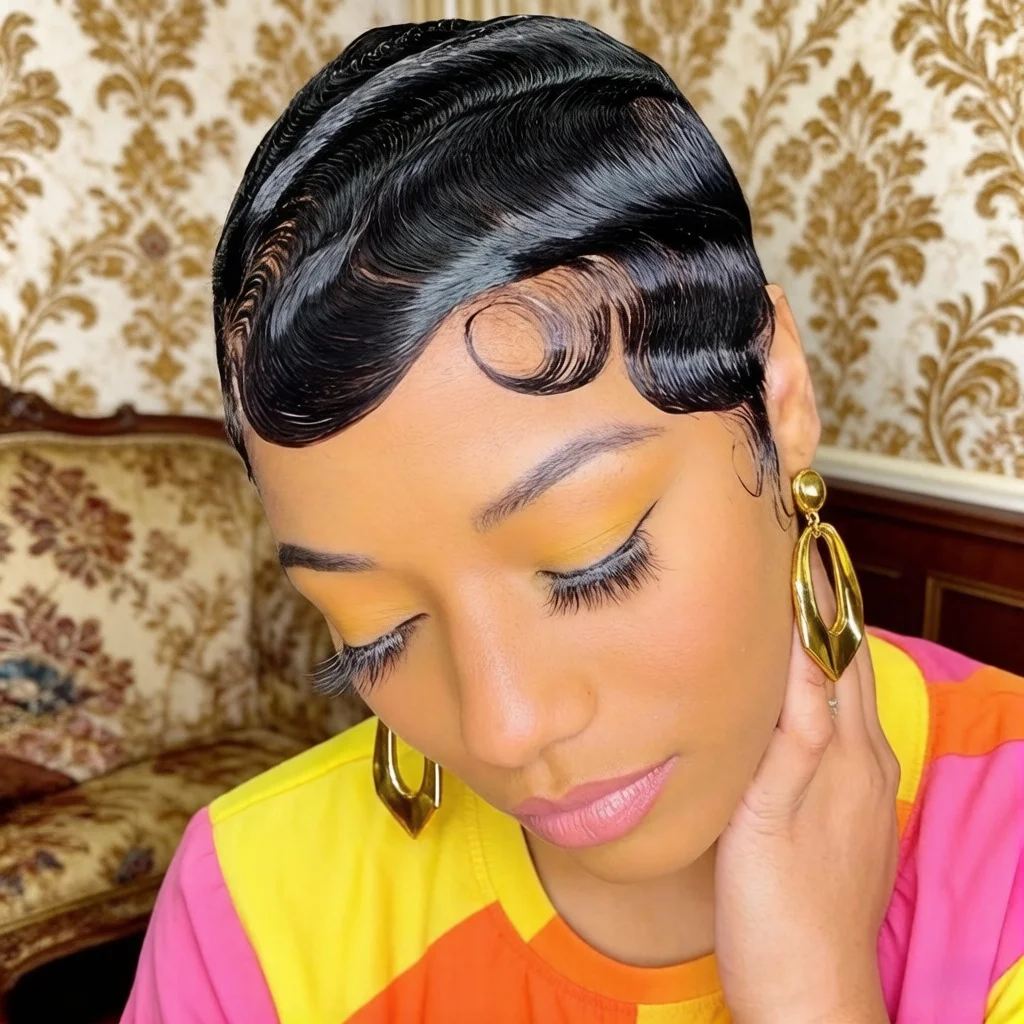 

Finger Ocean Pixie Cut Wig Human Hair for Women Finger Ocean Wave Wig Full Machine Made Short Layered Pixie Cut Wig