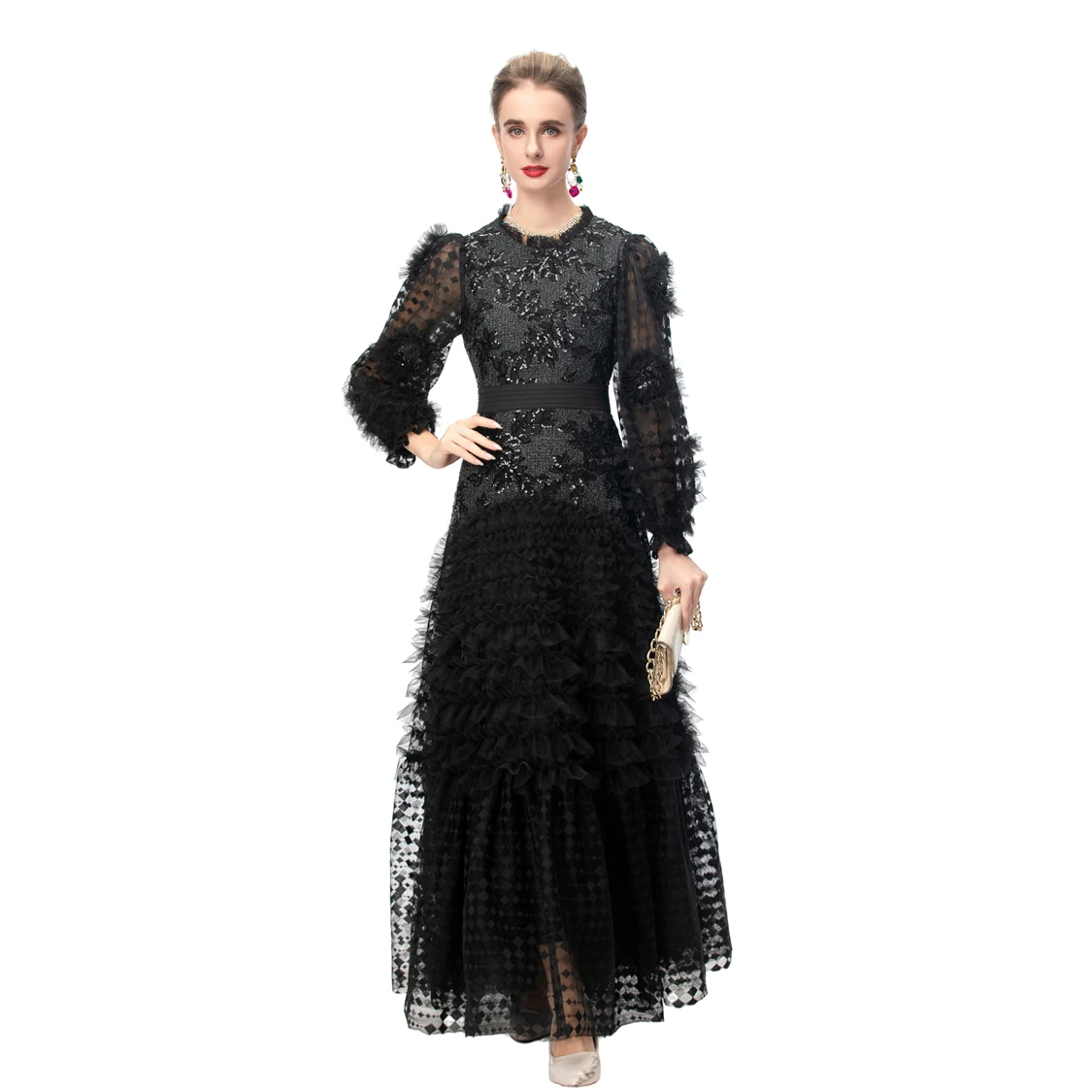 レディース ブラック スパンコール＆チュール ロングスリーブ マキシドレス - エレガントなラッフルレイヤードイブニングガウン、フィット感のあるウエストとシアーなベルスリーブ付き