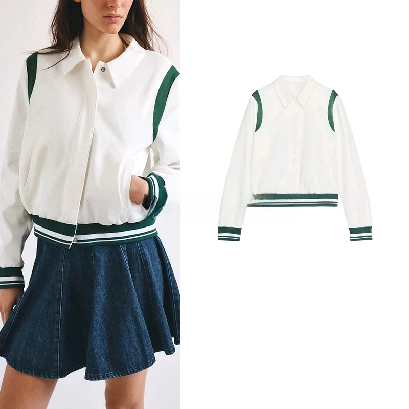 

Spring New Arrival Women's American Retro Versatile Long Sve Turn-down Collar Color Blo Detail Ribbed Coat Regular Fit C...