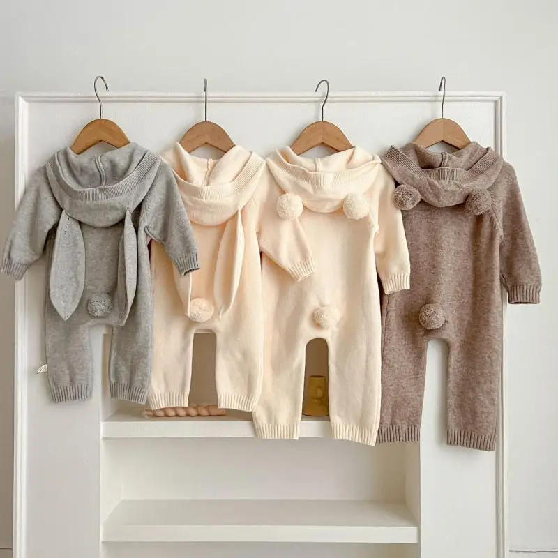 

2025 Autumn New Baby Boy Girl Knit Romper Cute Newborn Cute Bear Ear Rabbit Ear Hooded Jumpsuit For Toddler Sweater Kids Clothes