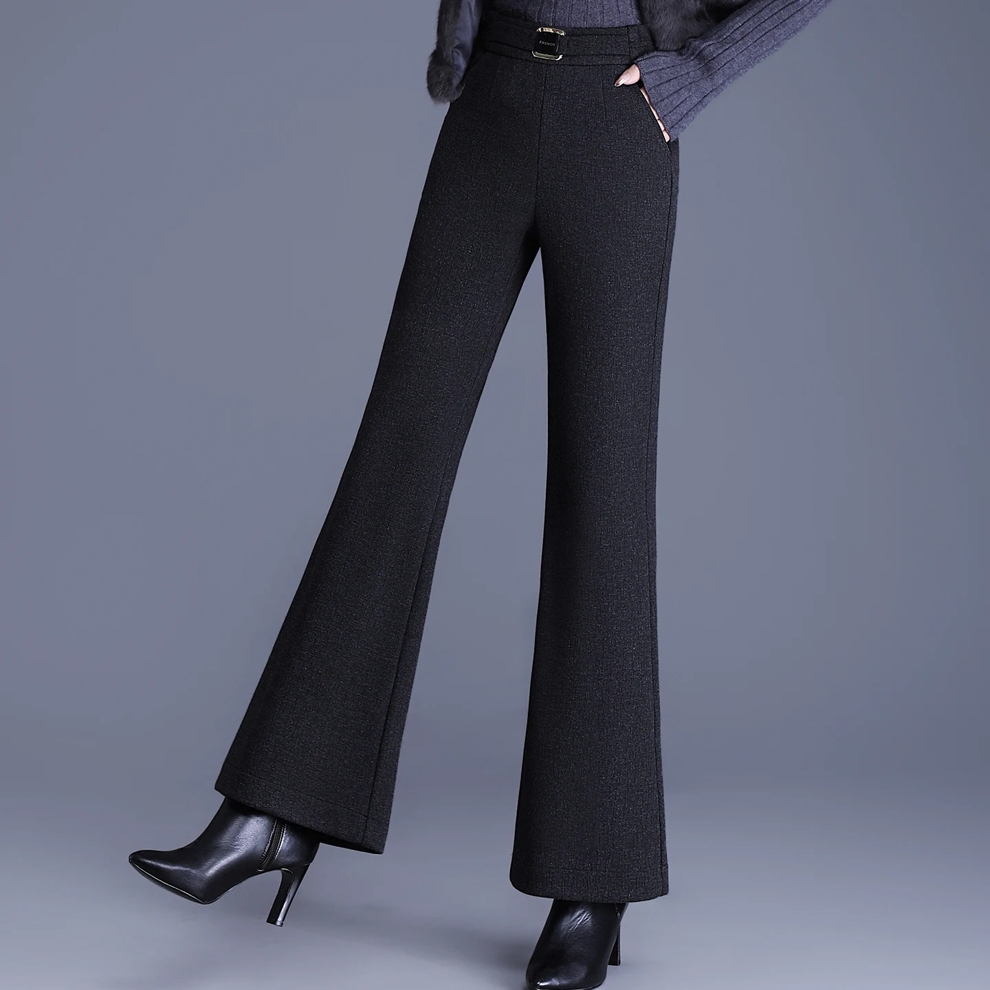 Calças Femininas Casuais de Cintura Alta, Forradas com Lã e Algodão, Modelo Boca de Sino, para Inverno