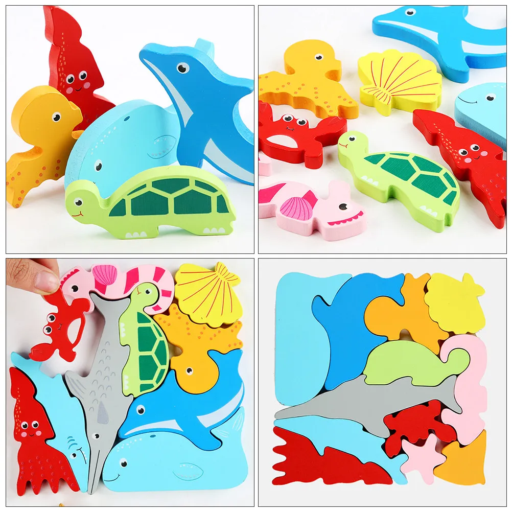 1Set Ocean Wooden Puzzle Cartoon Animal Educational Creative Fun for Children Preschool Cognitive Development