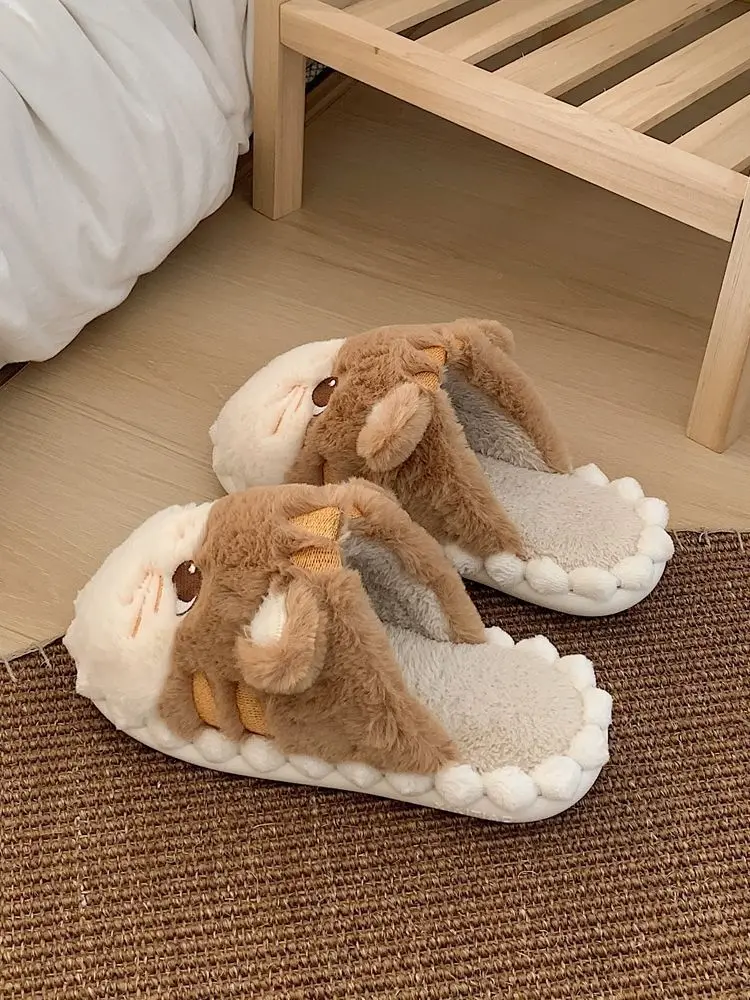 Cute Winter Plush Cat Shaped Slides Slippers Women\'s Cozy Feet Shoes Ladies Soft Home Furry Classic Bunny Slippers Big Size 44